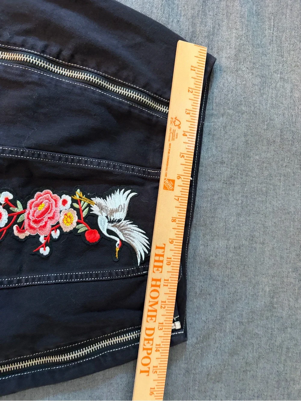 Silence & Noise Black Embroidered Crane Floral Mini Skirt Double Zipper Size Sm